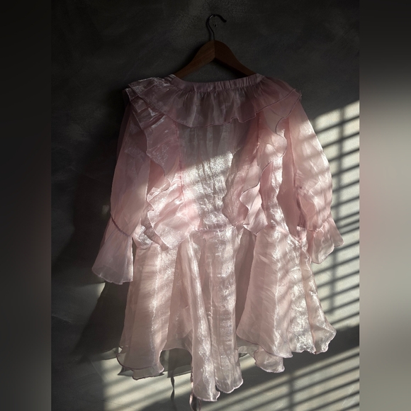 Baby Pink Organza Mesh Sheer Ruffled Mini Dress Top Sz 2X Wo Wo Wrap - Picture 13 of 16